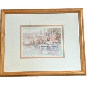 Marilyn Simandle Framed Art 15x12 Dock of the Bay Boats Ships Mountain Signed